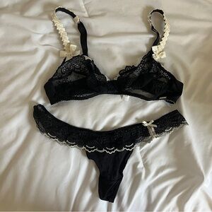 Maison Lejaby Black Lace Bra and Thong Set with White Details